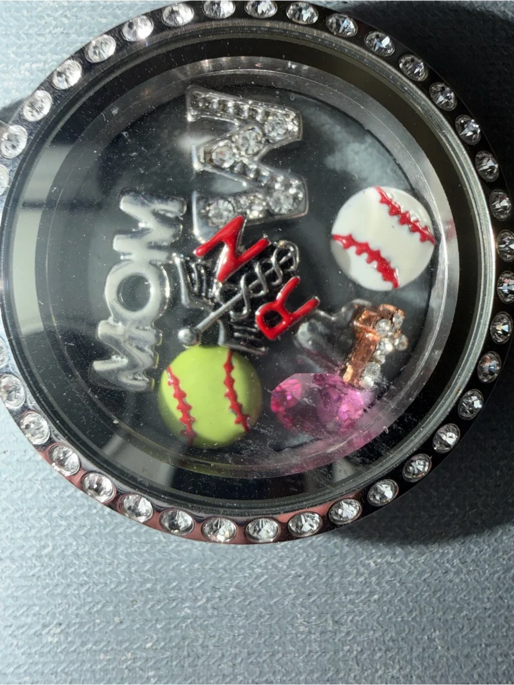 Crystal-Trim Baseball Locket Pendant with Pink and Yellow Charms